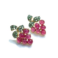 Bochic “Orient” Vintage Ruby Bubbles & Green Emerald Earrings 18K Gold&Silver