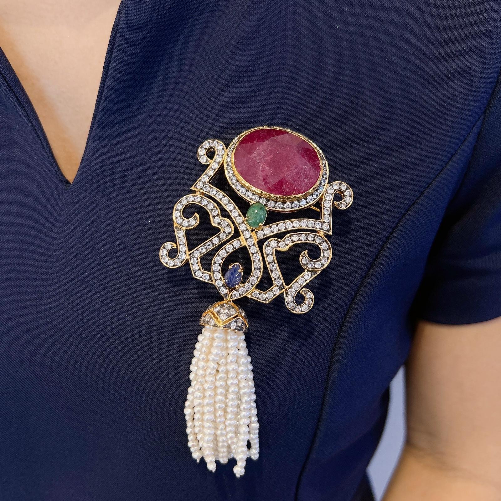 Baroque Bochic “Orient” Red Ruby, Emerald & Sapphire Brooch Set in 22k Gold & Silver For Sale
