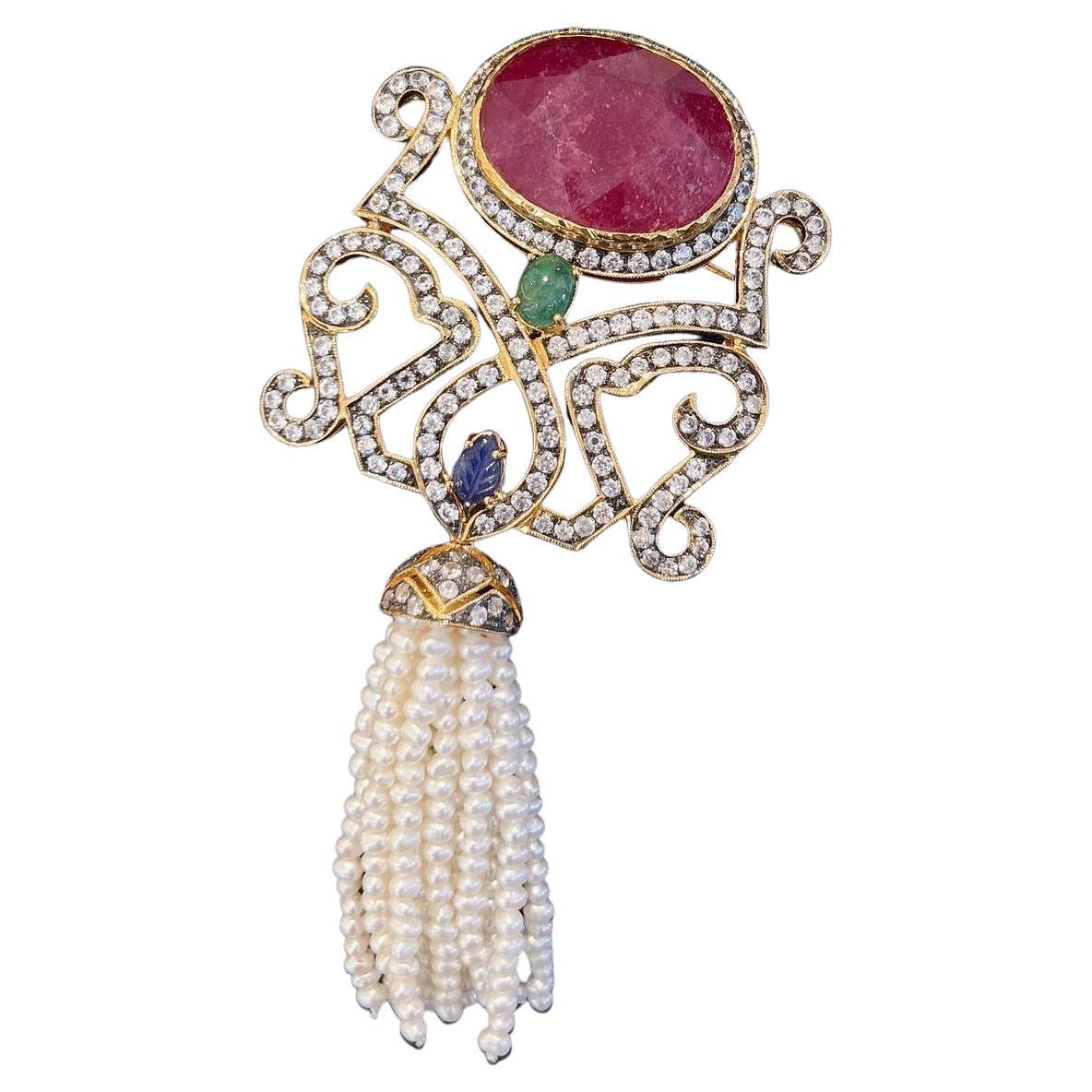 Bochic “Orient” Red Ruby, Emerald & Sapphire Brooch Set in 22k Gold & Silver For Sale
