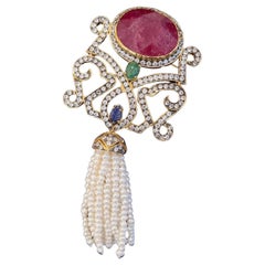 Bochic "Orient" Rubis rouge, émeraude  & Broche en saphir sertie d'or et d'argent 22K 