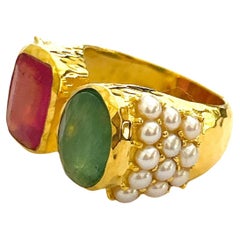 Bochic “Orient” Red Ruby, Green Emerlad & Pearl Ring Set 18K Gold & Silver