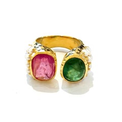 Bochic “Orient” Red Ruby & Green Tourmaline Ring Set 18K Yellow Gold & Silver