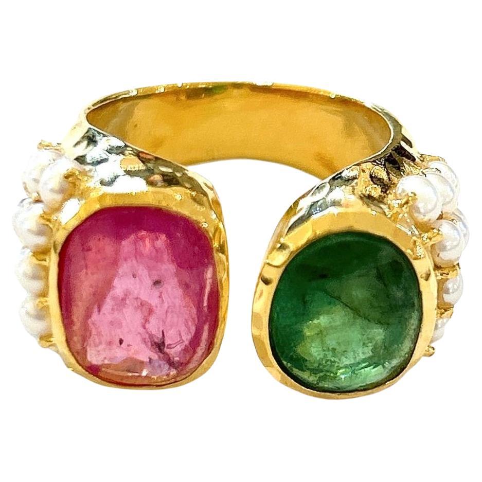Anillo Bochic "Orient" de rubí rojo y turmalina verde, oro amarillo de 18 quilates y plata