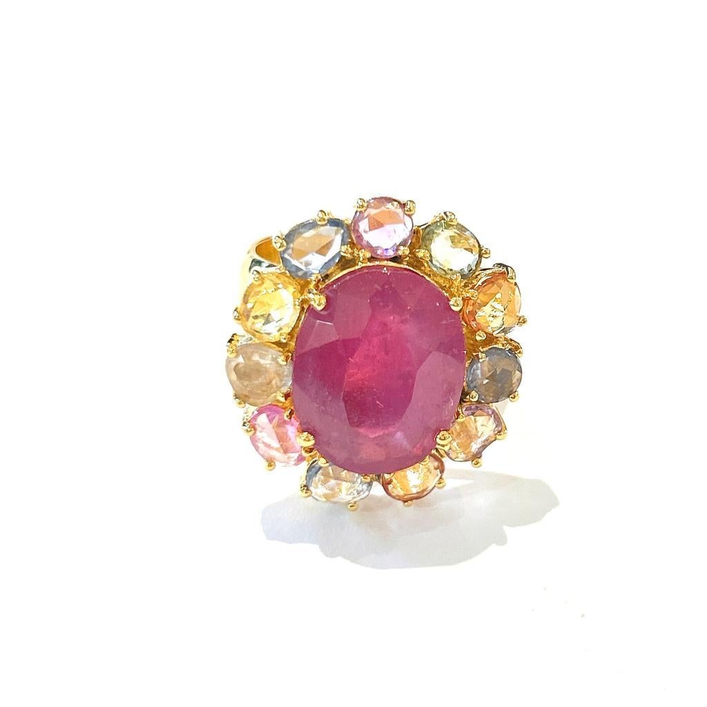 Bochic “Orient” Red Ruby & Multi Color Sapphire Cocktail Ring, 18K Gold & Silver

Natural Red Ruby Oval Shape - 10 Carats 
Natural Rose Cut Multi Color Sapphires From Sri Lanka 
2.50 Carats 


This Ring is from the 