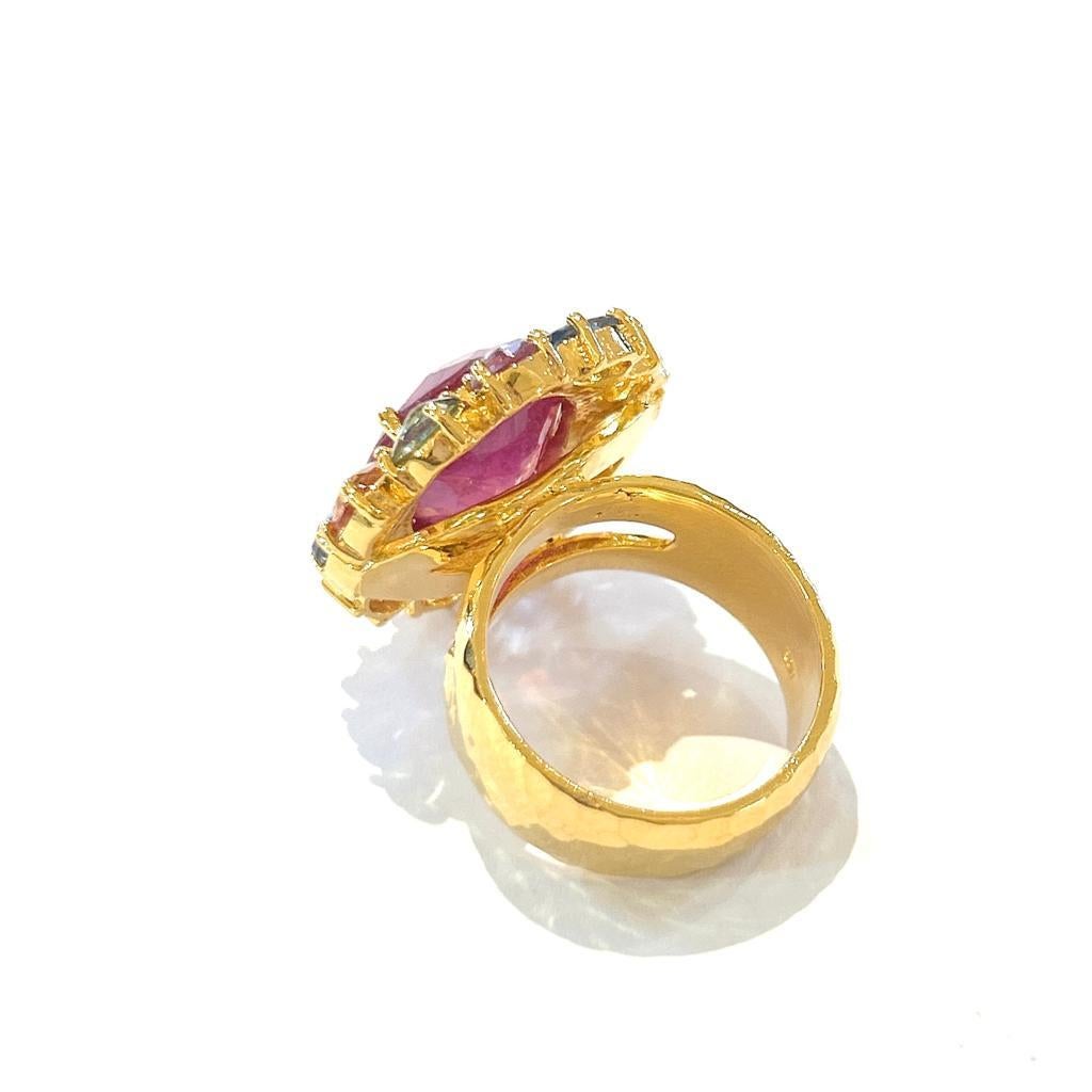 British Colonial Bochic “Orient” Red Ruby & Multi Color Sapphire Cocktail Ring, 18K Gold & Silver For Sale