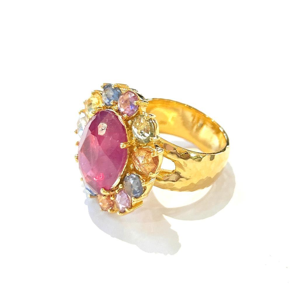 Rose Cut Bochic “Orient” Red Ruby & Multi Color Sapphire Cocktail Ring, 18K Gold & Silver For Sale