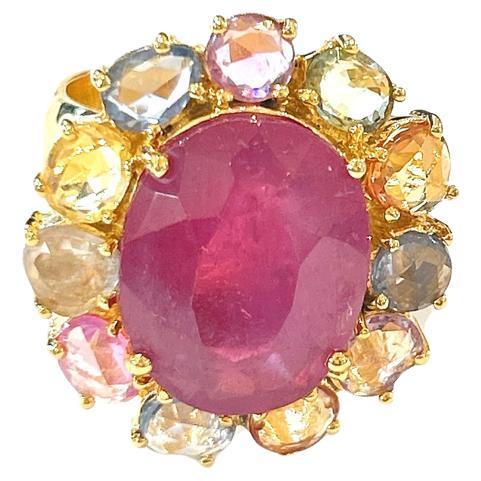 Bochic “Orient” Red Ruby & Multi Color Sapphire Cocktail Ring, 18K Gold & Silver