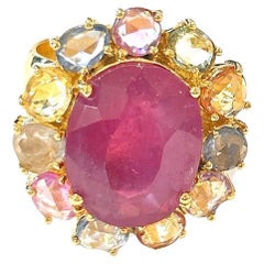 Bochic “Orient” Red Ruby & Multi Color Sapphire Cocktail Ring, 18K Gold & Silver