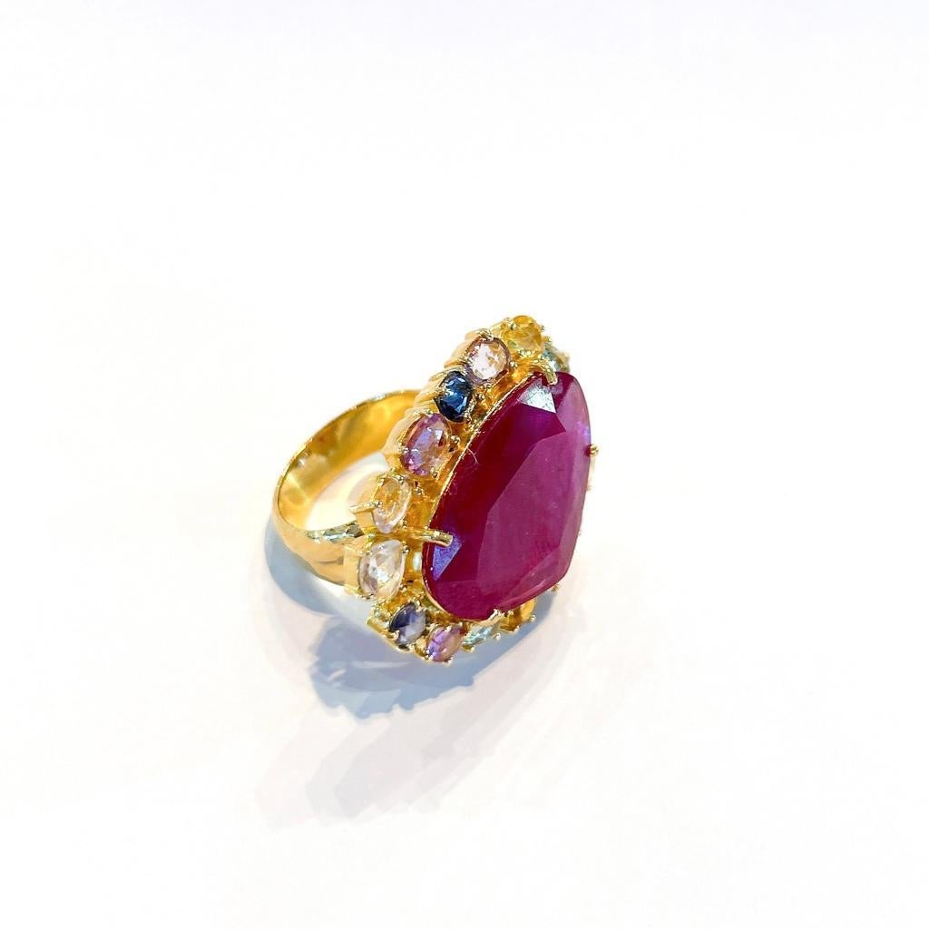 Bochic “Orient” Red Ruby & Multi Color Sapphire Ring Set In 18K Gold & Silver  For Sale 6