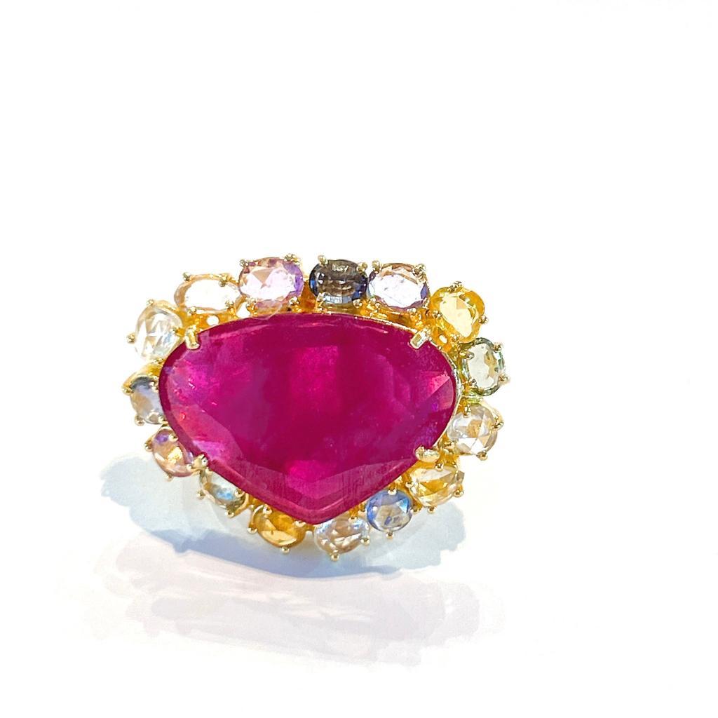Bochic “Orient” Red Ruby & Multi Color Sapphire Ring Set In 18K Gold & Silver  For Sale 8