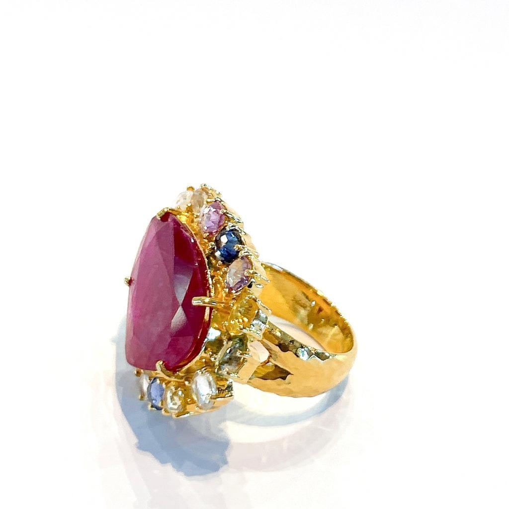 Bochic “Orient” Red Ruby & Multi Color Sapphire Ring Set In 18K Gold & Silver  For Sale 9