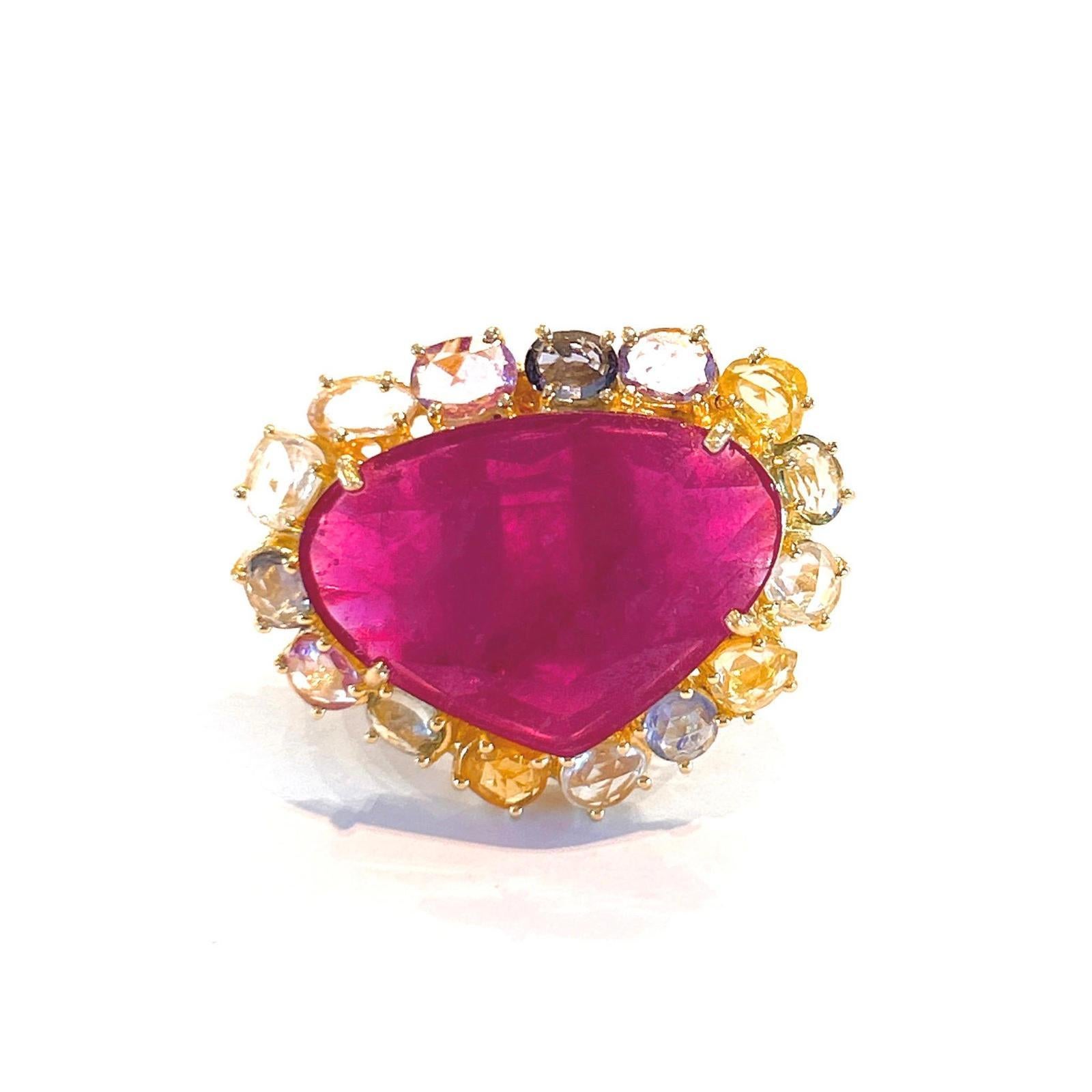 Bochic “Orient” Red Ruby & Multi Color Sapphire Ring Set In 18K Gold & Silver 
Natural Red Cabochon Ruby 
18 Carats 
Natural Multi Color Fancy Rose Cut Sapphires from Sri Lanka. Beautiful pastel colors like Lilac, Rose, Light Blue, Olive, Gold and