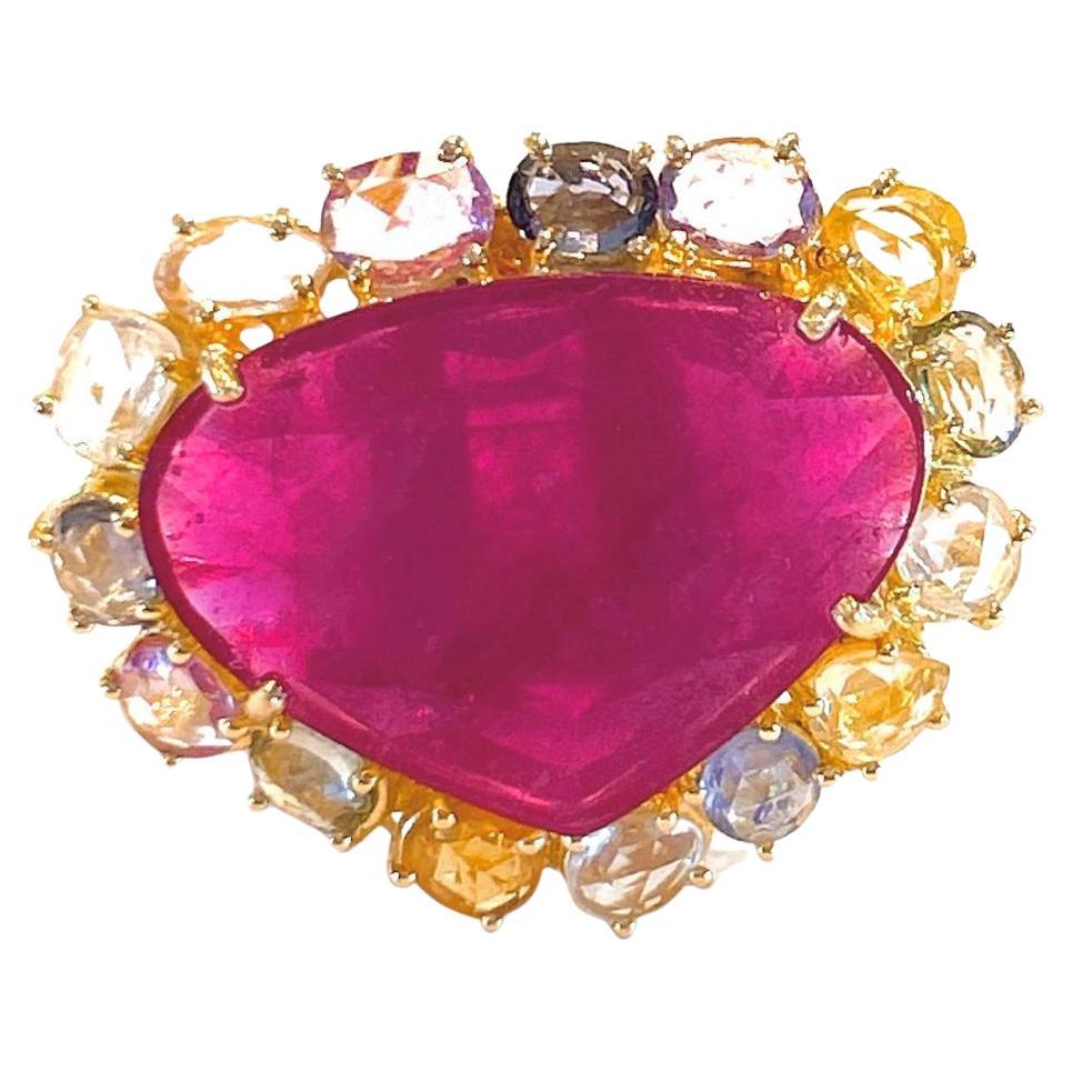 Bochic “Orient” Red Ruby & Multi Color Sapphire Ring Set In 18K Gold & Silver  For Sale