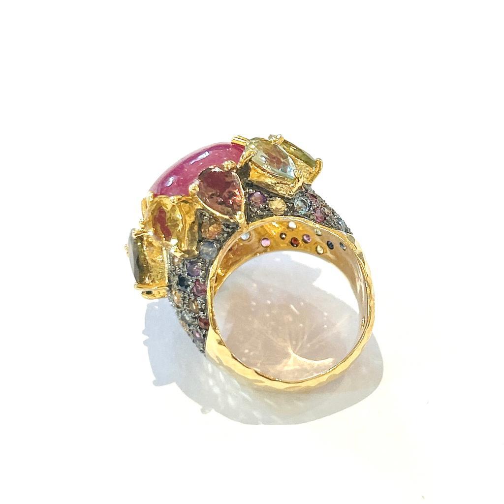 Bochic “Orient” Red Ruby & Multi Color Sapphires Ring Set In 18K Gold & Silver  In New Condition For Sale In New York, NY