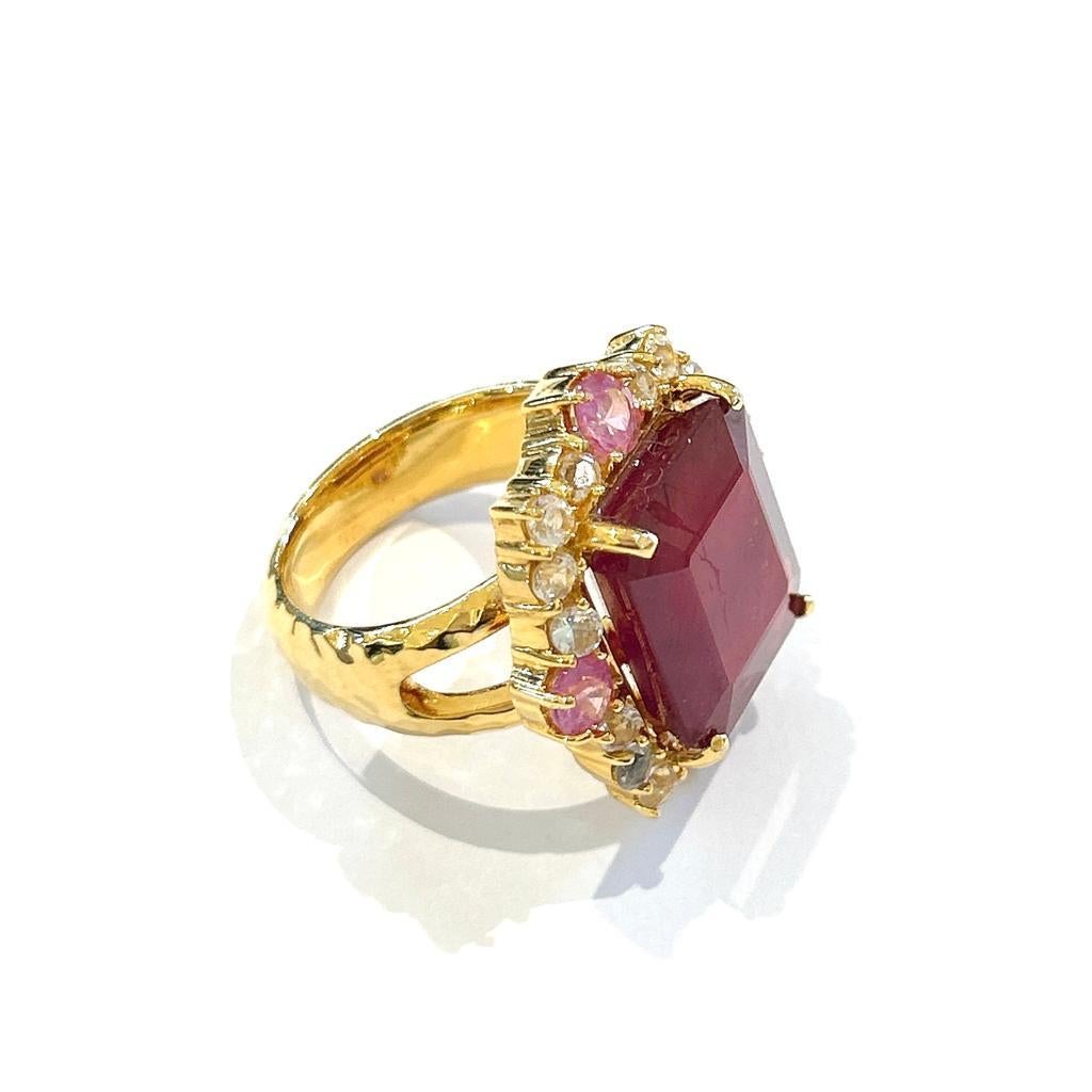 Bochic “Orient” Red Ruby & Multi Sapphire Cocktail Ring Set 18K Gold & Silver 
Red Natural Ruby Square Cut  - 14 Carats 
White Diamonds - 1.50 Carat 
Pink Sapphires - 4 Carat 

This Ring is from the 
