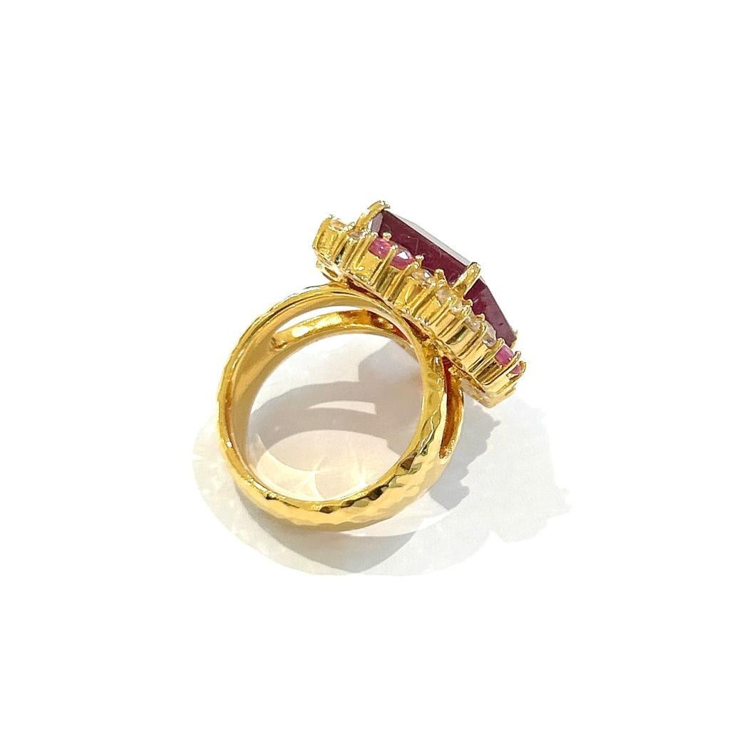 Square Cut Bochic “Orient” Red Ruby & Multi Sapphire Cocktail Ring Set 18K Gold & Silver  For Sale