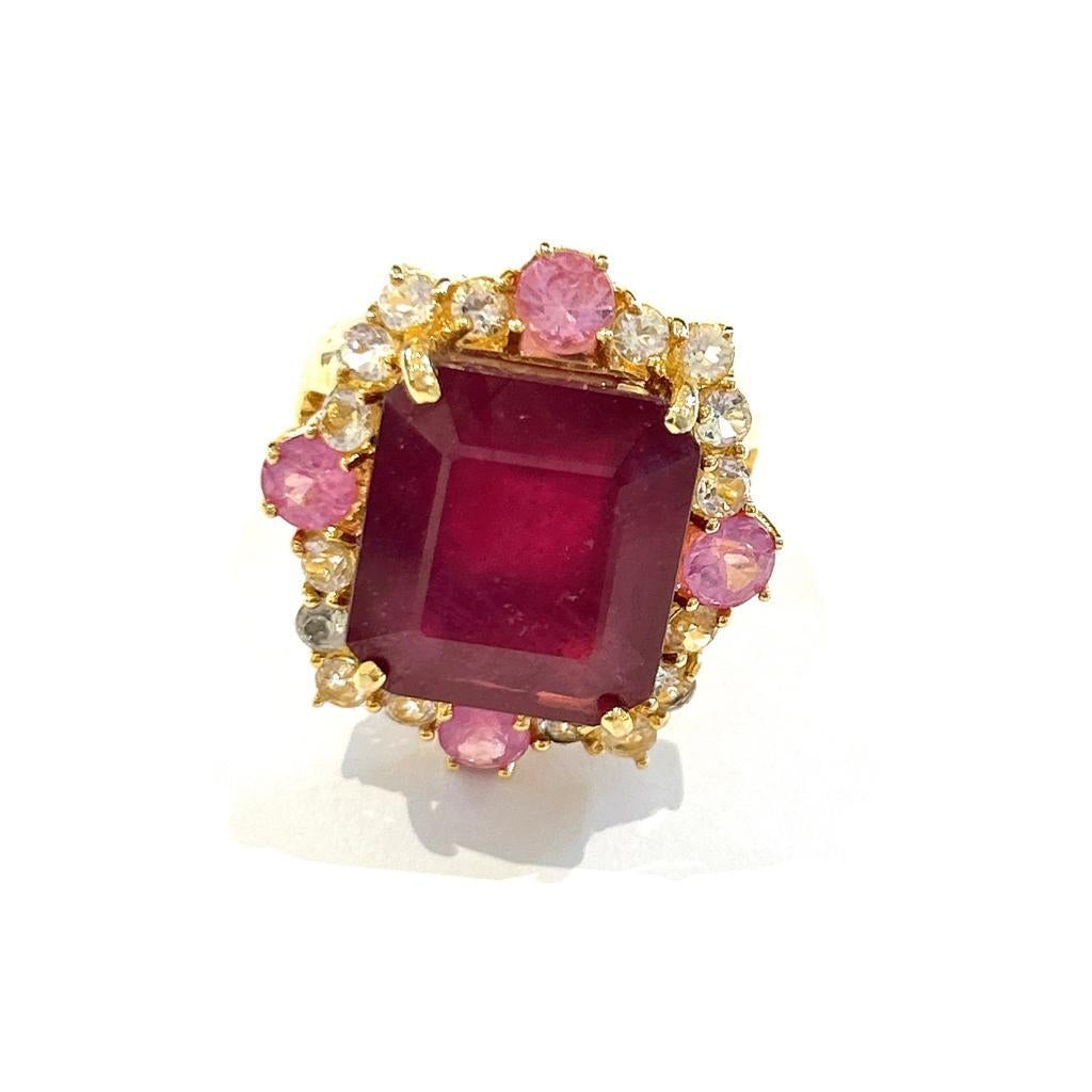 Women's or Men's Bochic “Orient” Red Ruby & Multi Sapphire Cocktail Ring Set 18K Gold & Silver  For Sale