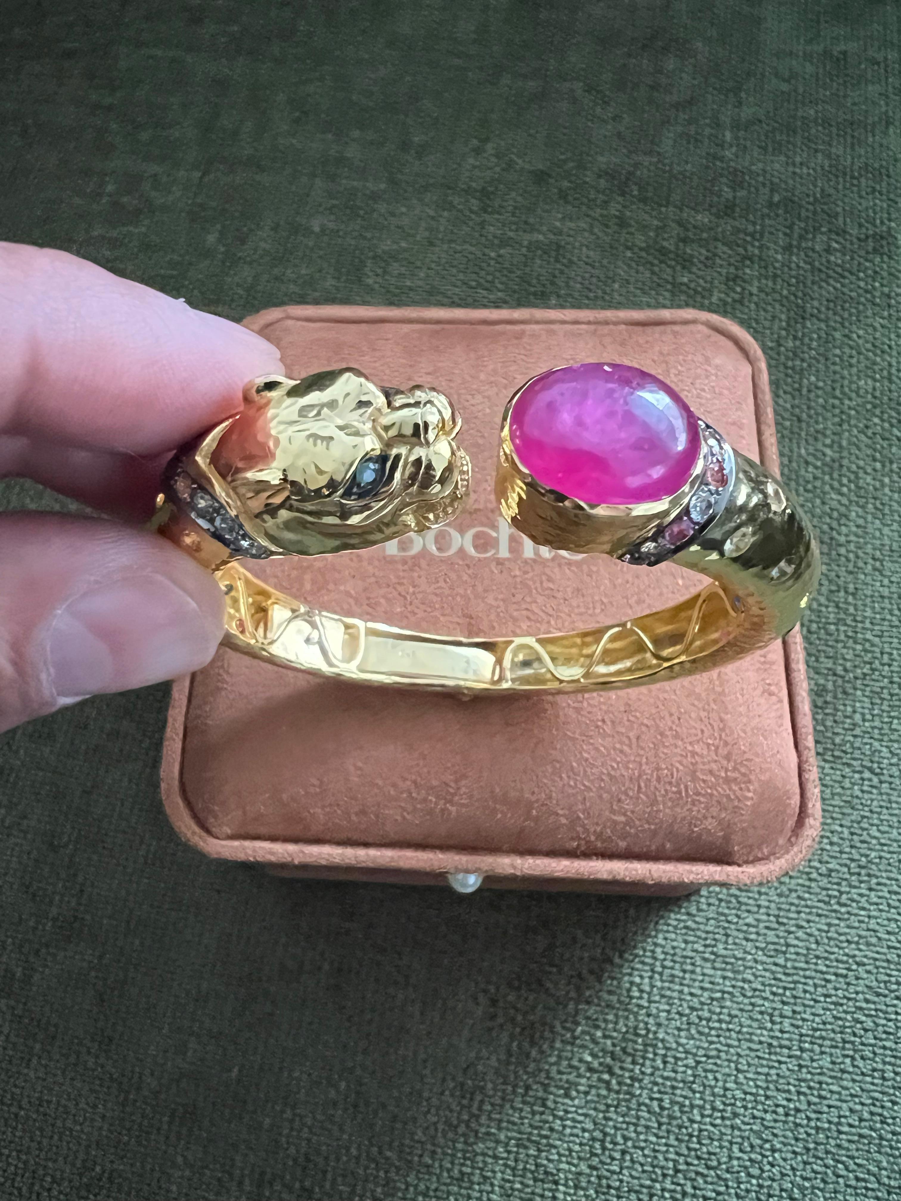 Baroque Revival Bochic “Orient” Red Ruby & Multi Sapphire Dragon Bangle Set In 18K Gold & Silver For Sale