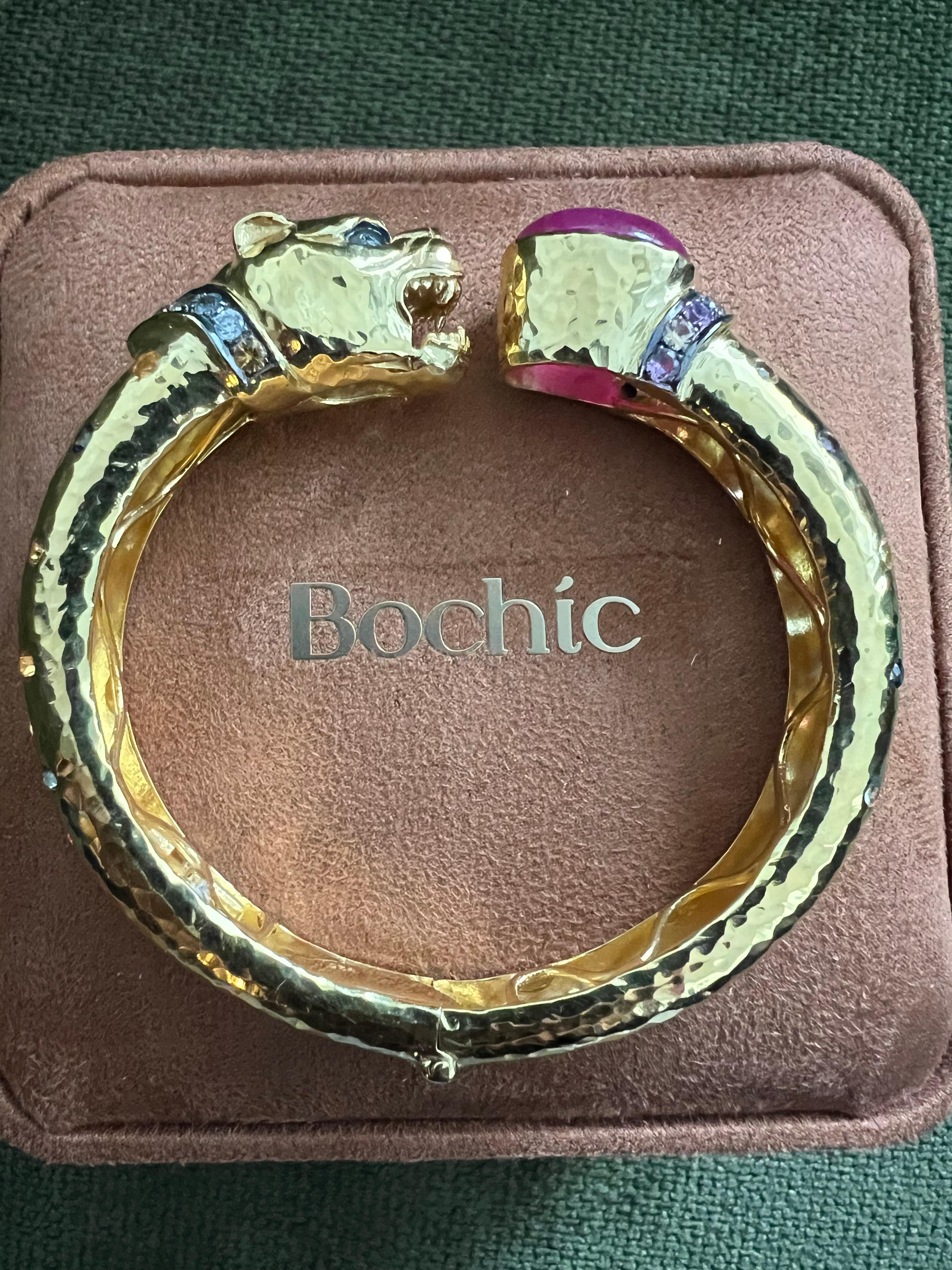 Brilliant Cut Bochic “Orient” Red Ruby & Multi Sapphire Dragon Bangle Set In 18K Gold & Silver For Sale
