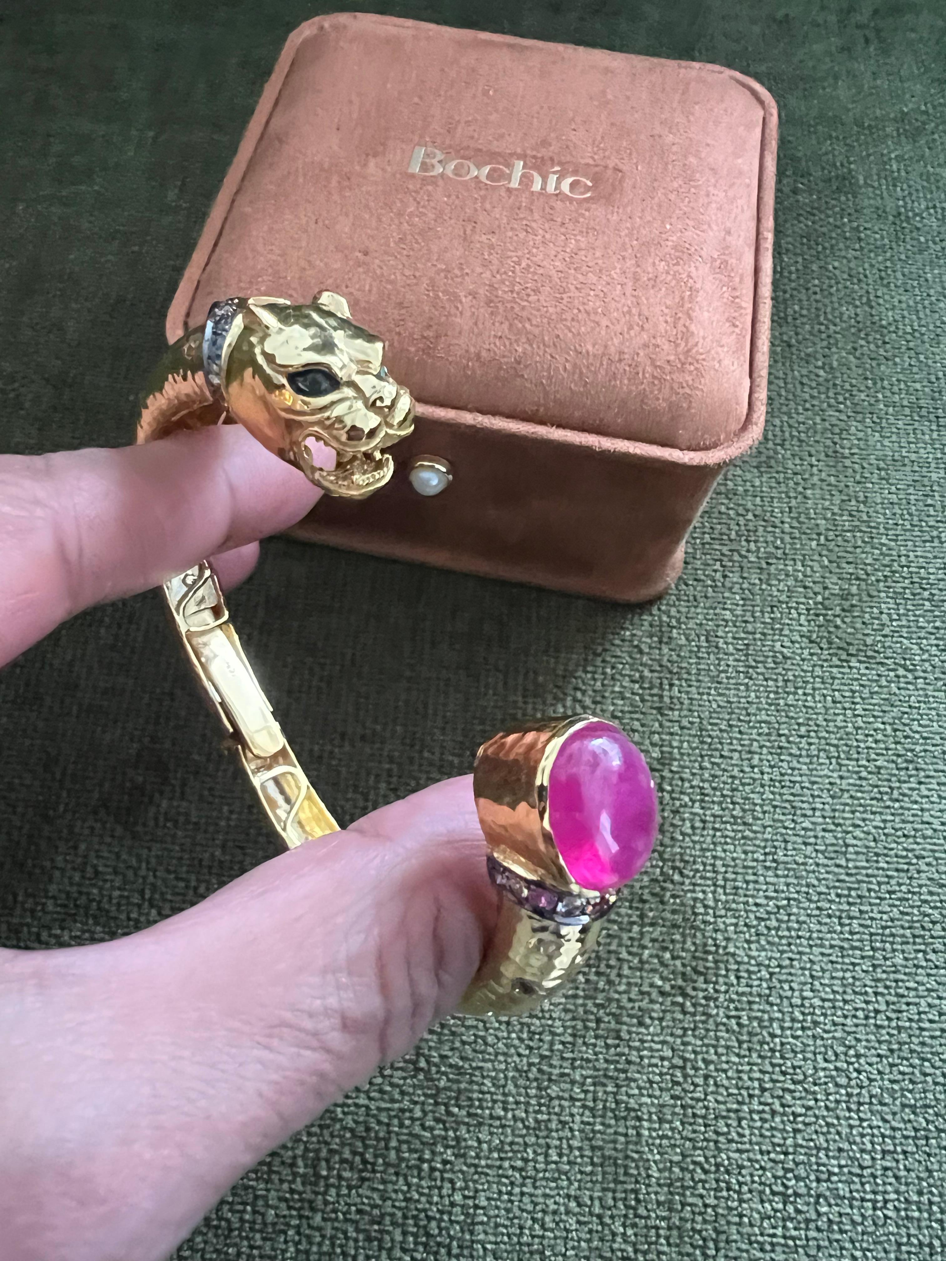 Women's or Men's Bochic “Orient” Red Ruby & Multi Sapphire Dragon Bangle Set In 18K Gold & Silver For Sale