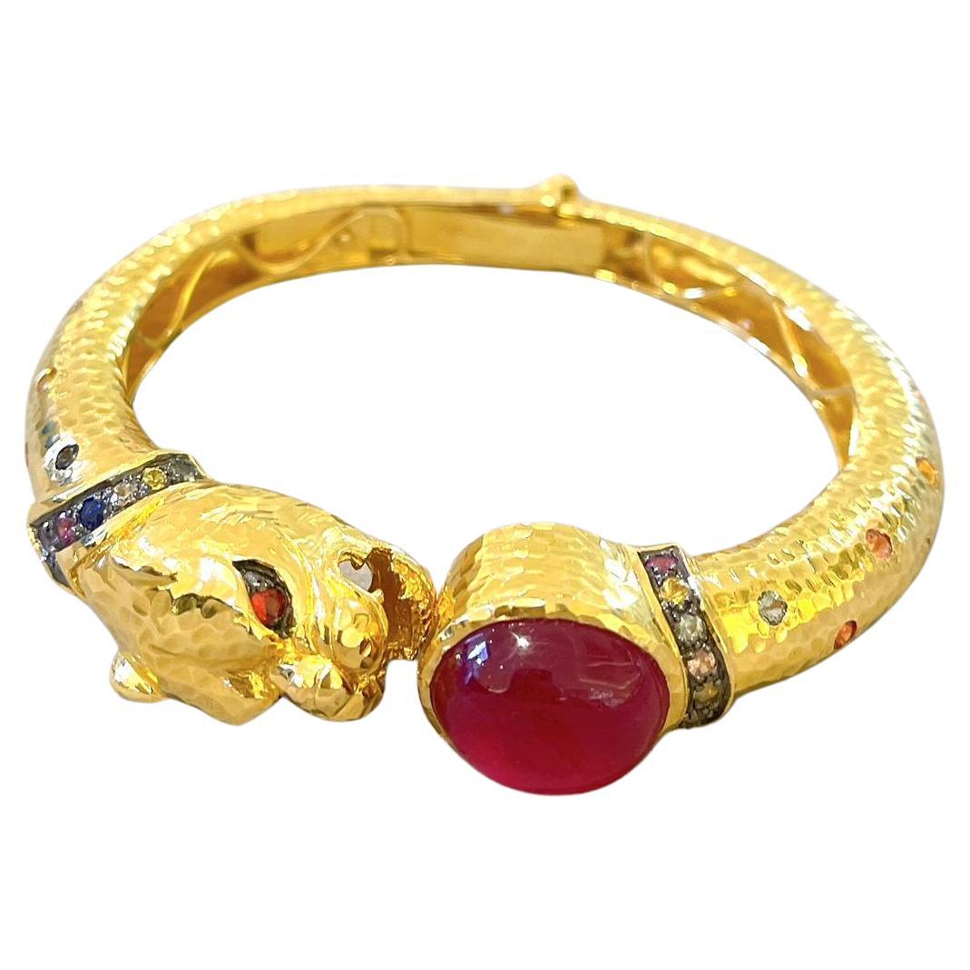 Bochic “Orient” Red Ruby & Multi Sapphire Dragon Bangle Set In 18K Gold & Silver For Sale