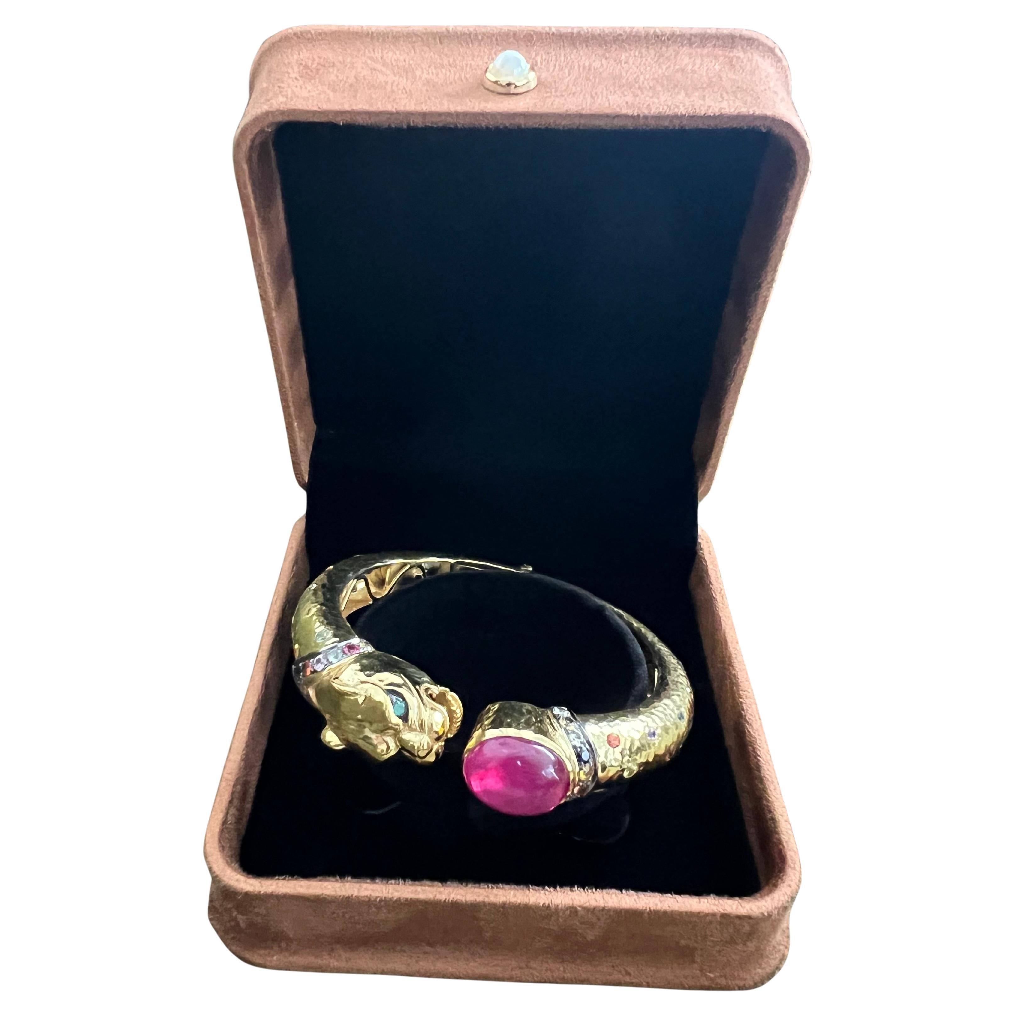 Bochic “Orient” Red Ruby & Multi Sapphire Dragon Bangle Set In 18K Gold & Silver For Sale
