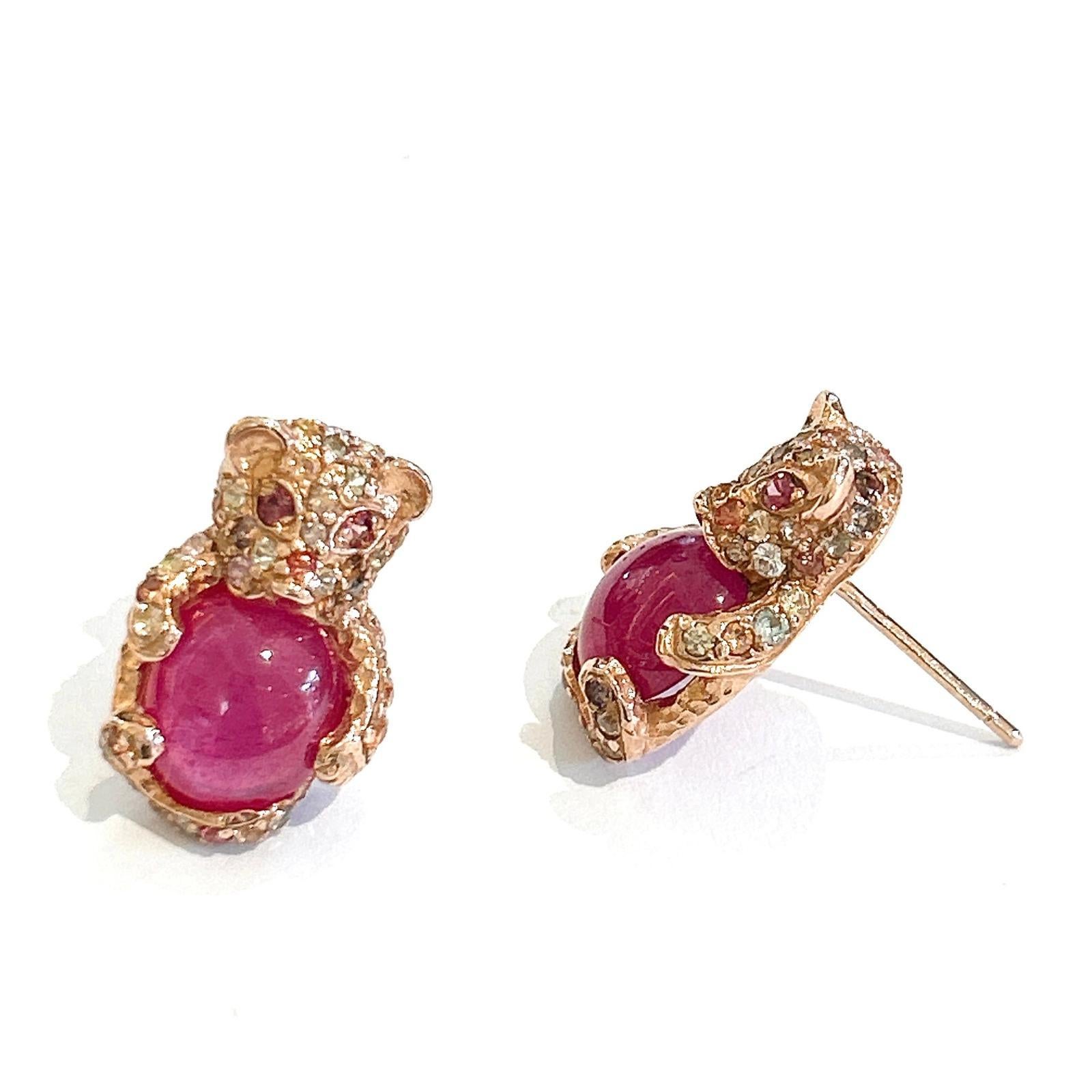 Bochic “Orient” Red Ruby & Multi Sapphire Earrings Set In 18K Gold & Silver For Sale 5