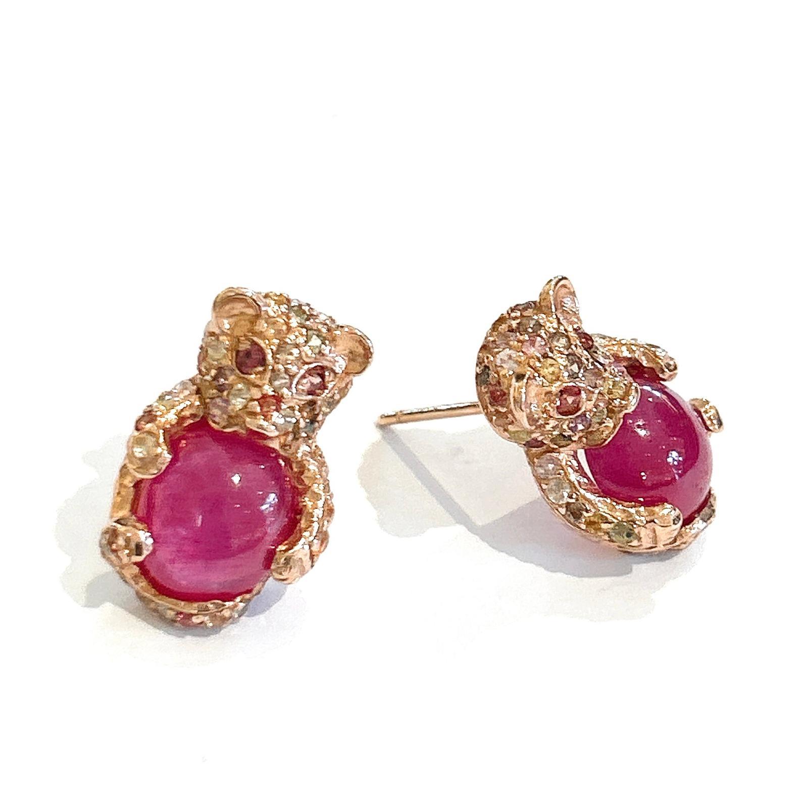 Belle Époque Bochic “Orient” Red Ruby & Multi Sapphire Earrings Set In 18K Gold & Silver For Sale
