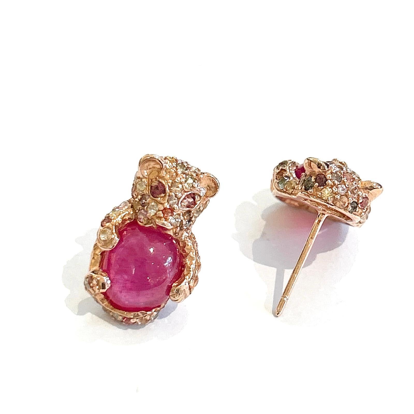 Brilliant Cut Bochic “Orient” Red Ruby & Multi Sapphire Earrings Set In 18K Gold & Silver For Sale