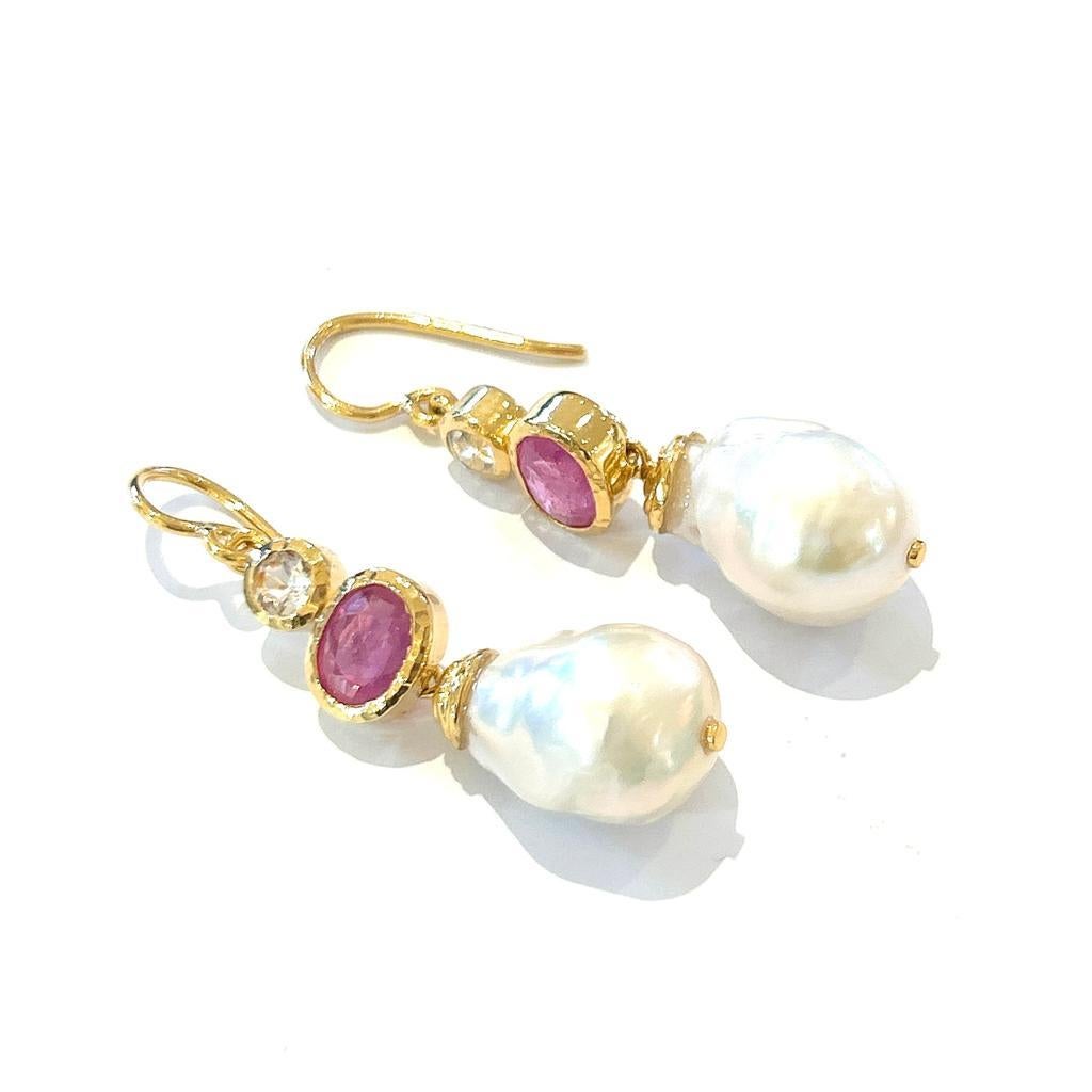 Baroque Bochic “Orient” Red Ruby & South Sea Pearl Earrings Set In 18K Gold & Silver For Sale