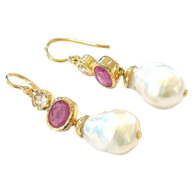 Bochic “Orient” Red Ruby & South Sea Pearl Earrings Set In 18K Gold & Silver For Sale