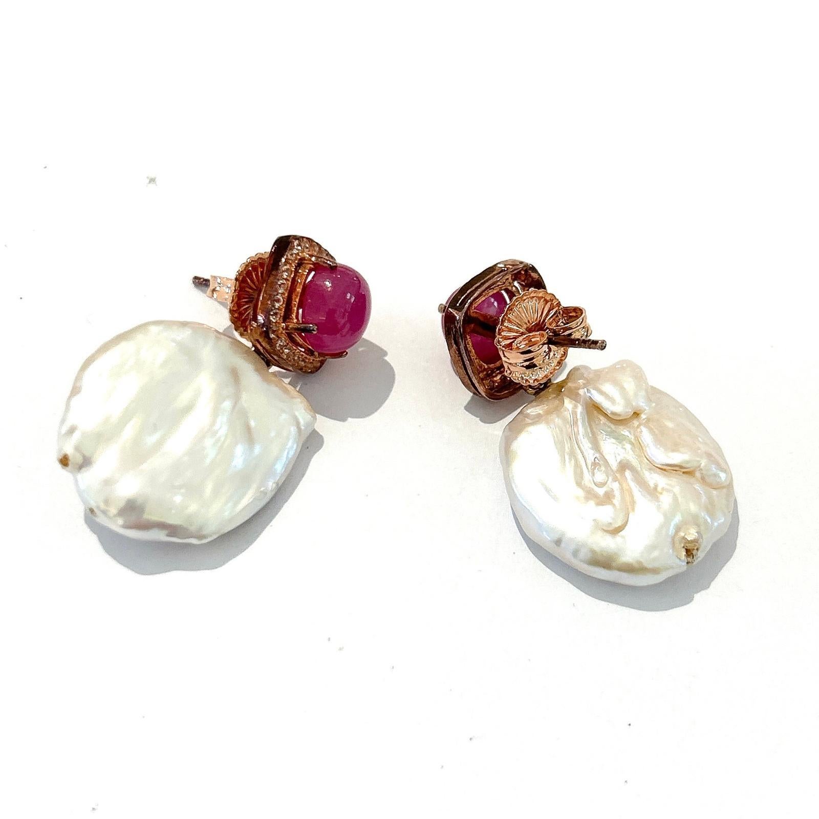 Baroque Bochic “Orient” Red Ruby & South Sea Pearls Earrings Set In 18K Gold&Silver For Sale