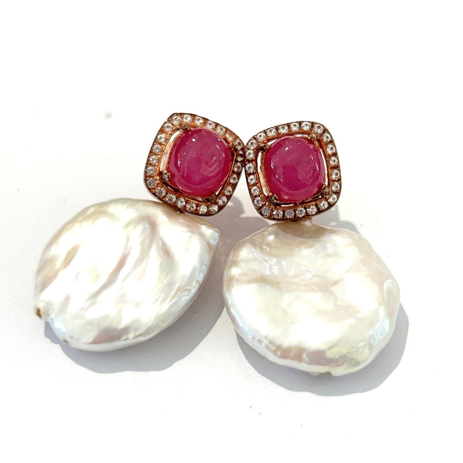 Bochic “Orient” Red Ruby & South Sea Pearls Earrings Set In 18K Gold&Silver For Sale 2