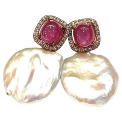 Bochic “Orient” Red Ruby & South Sea Pearls Earrings Set In 18K Gold&Silver