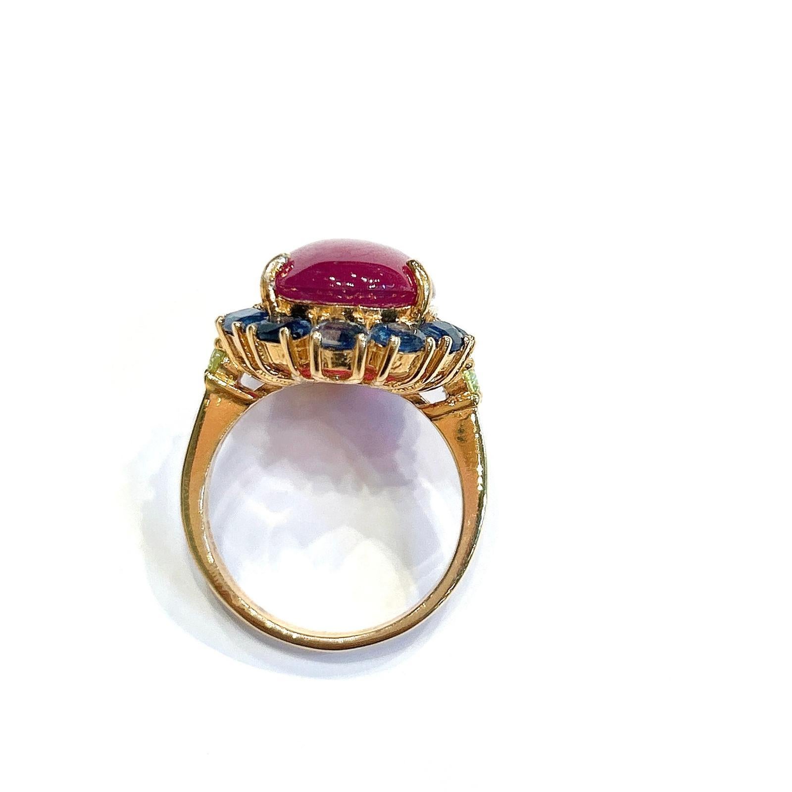 Art Deco Bochic “Orient” Red Ruby & Tanzanite Ring, Set 18K In Yellow Gold & Silver For Sale