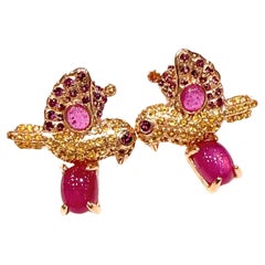 Bochic “Orient” Red Ruby & Topaz Bird Earrings Set In 18K Gold & Silver