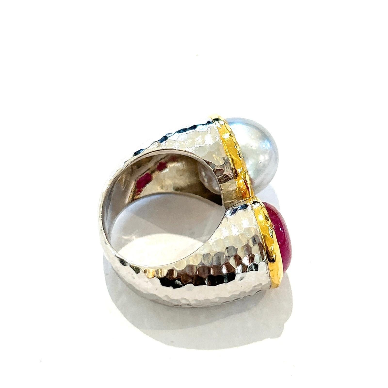 Bochic “Orient” Red Ruby & White South Pearl Ring Set 18K White Gold & Silver For Sale 4