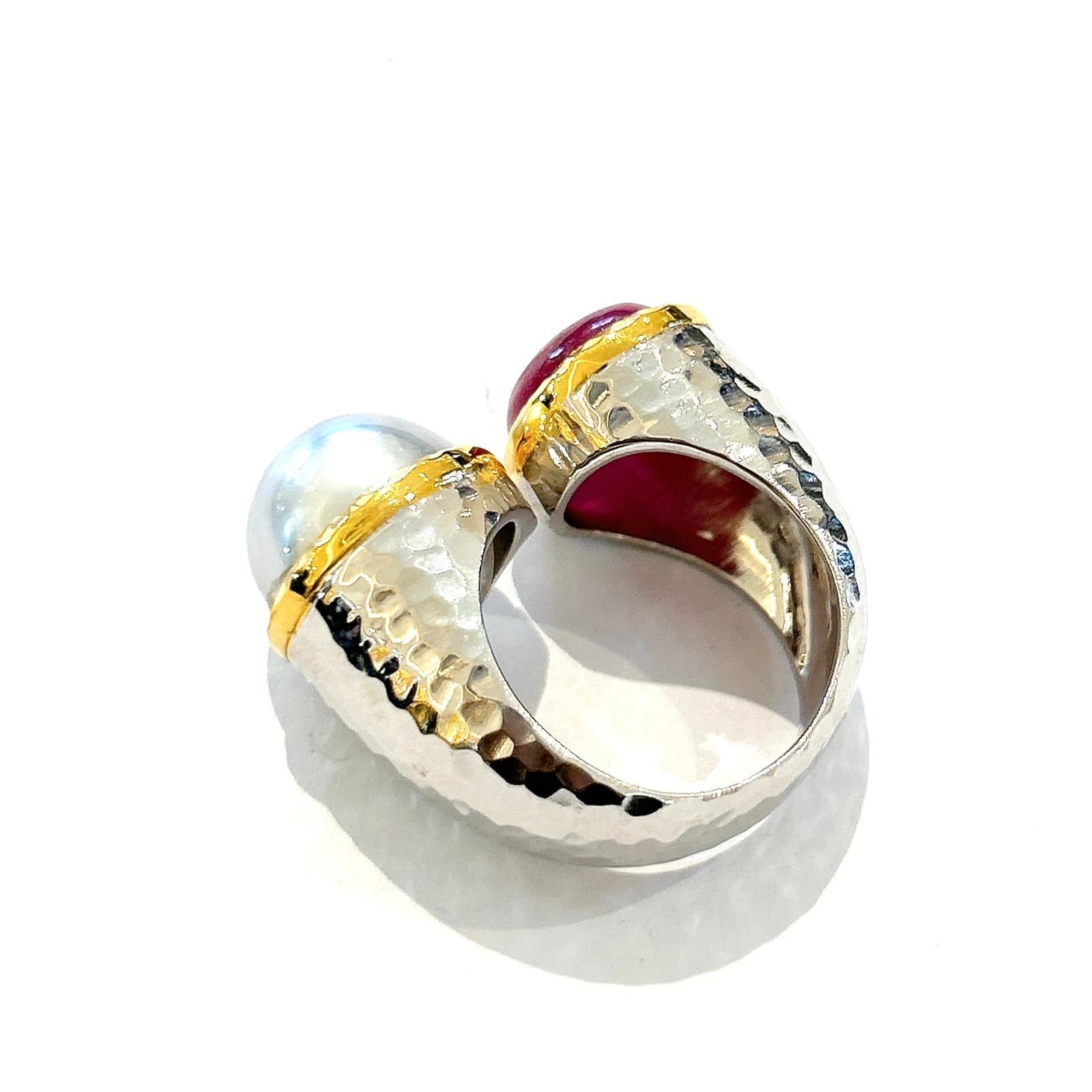 Bochic “Orient” Red Ruby & White South Pearl Ring Set 18K White Gold & Silver For Sale 5