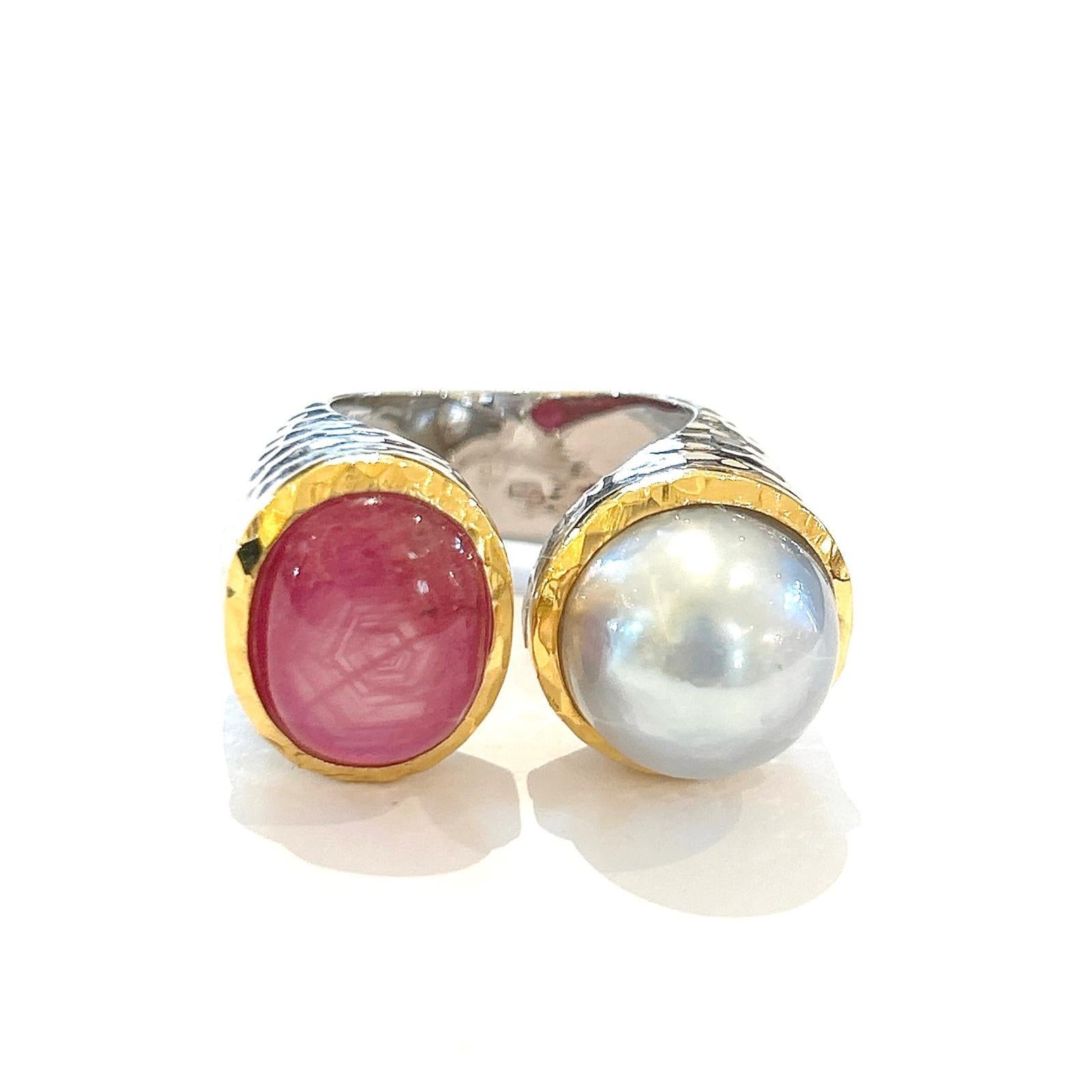 Women's or Men's Bochic “Orient” Red Ruby & White South Pearl Ring Set 18K White Gold & Silver For Sale