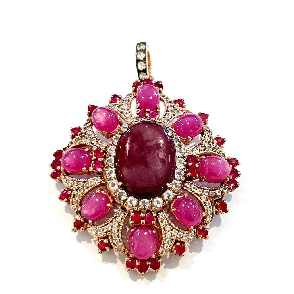 Baroque Bochic “Orient” Red Ruby & White Topaz Brooch Set In 18K Gold & Silver  For Sale