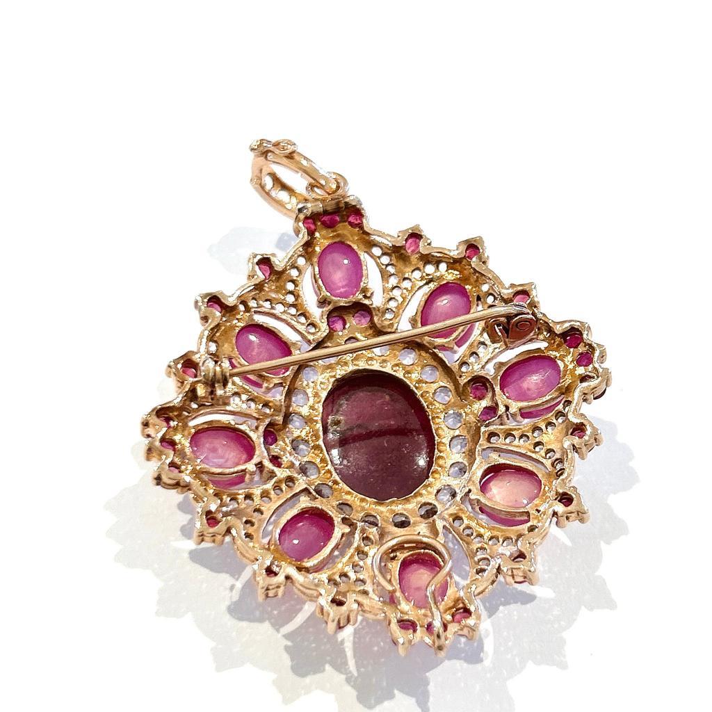 Cabochon Bochic “Orient” Red Ruby & White Topaz Brooch Set In 18K Gold & Silver  For Sale