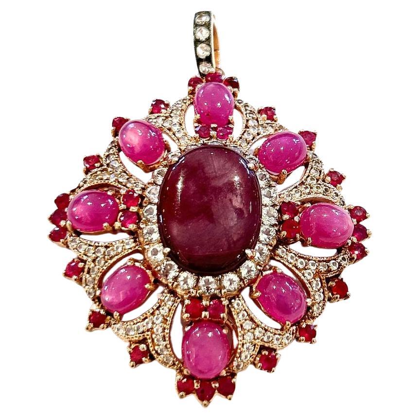 Bochic “Orient” Red Ruby & White Topaz Brooch Set In 18K Gold & Silver  For Sale