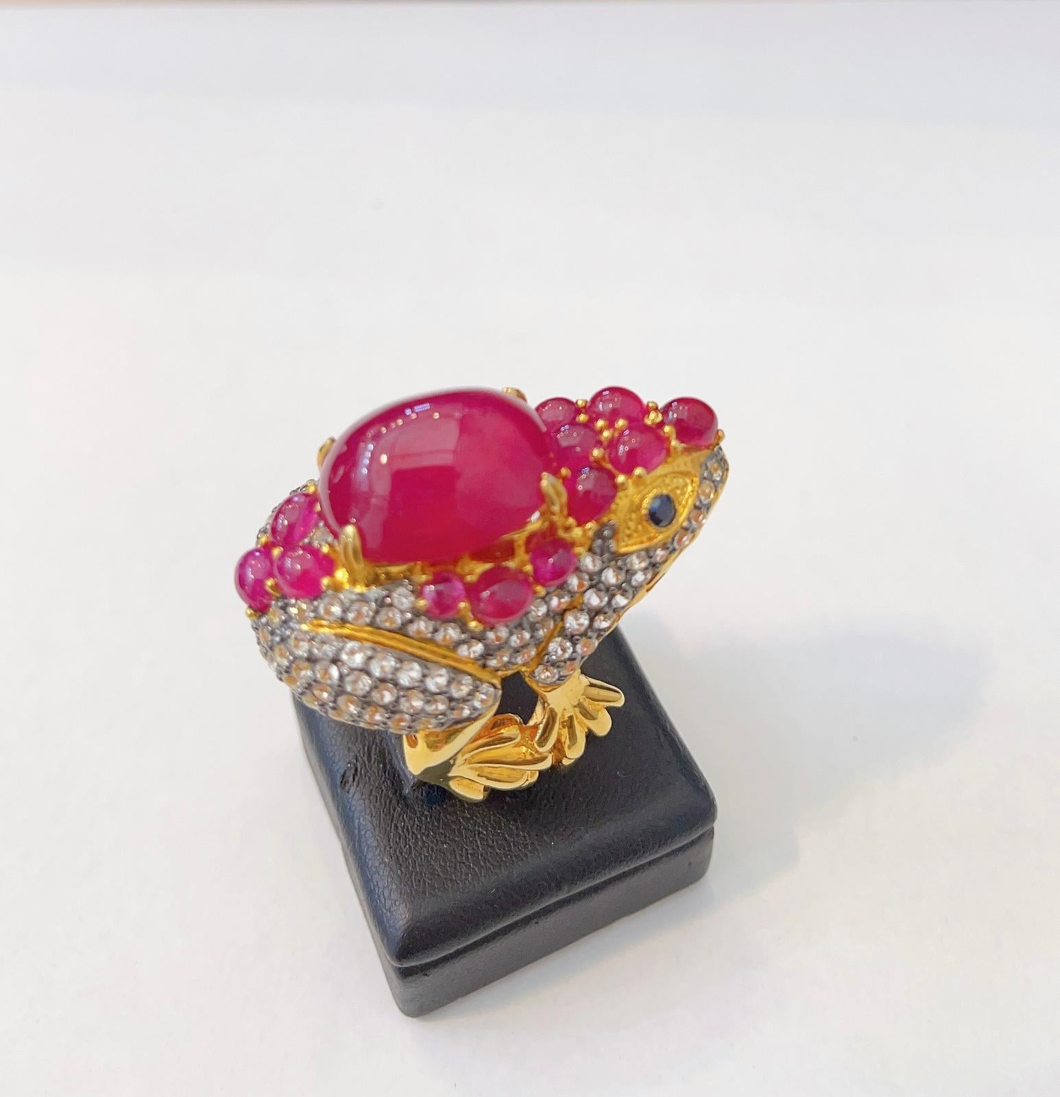 “Orient” Red Ruby & White Topaz Cocktail Ring Set in 22k Gold & Silver For Sale 4