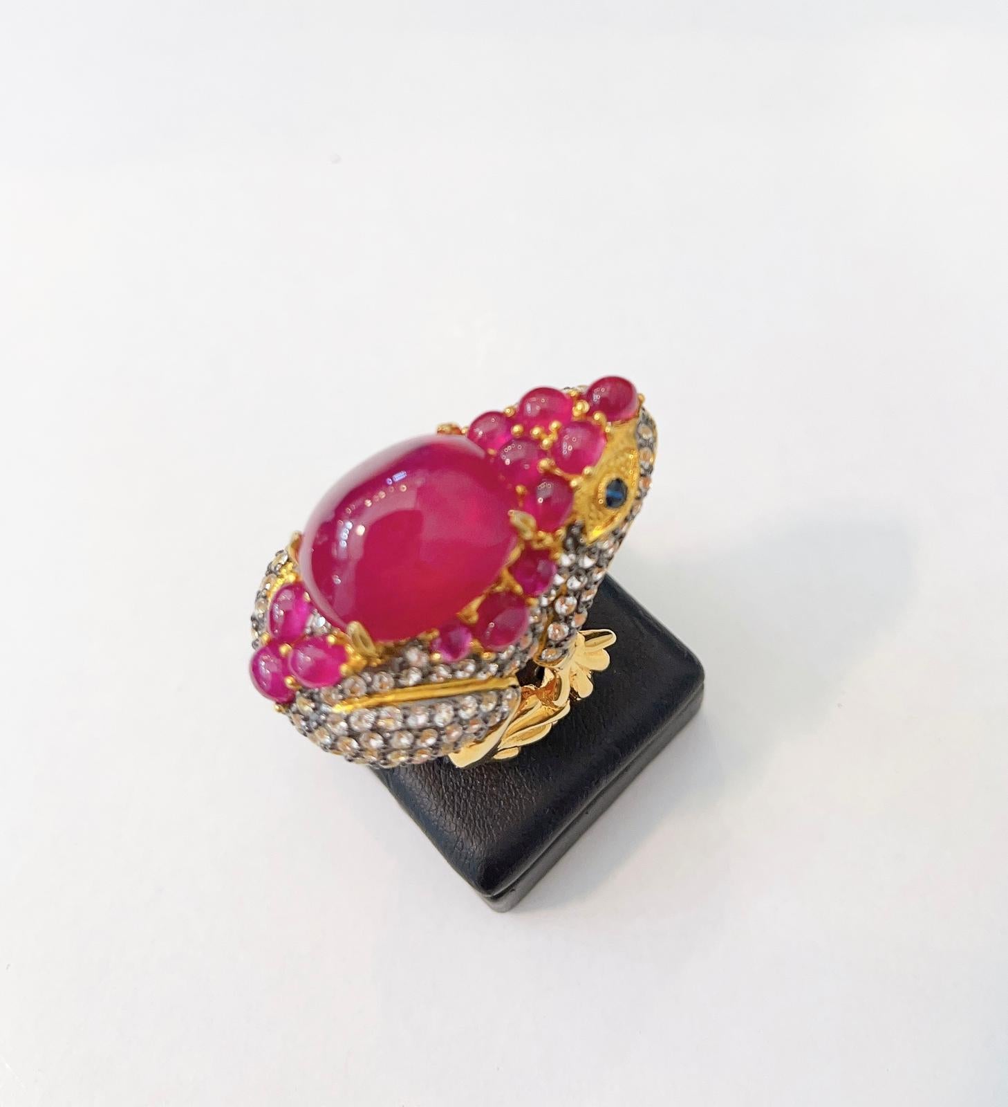 “Orient” Red Ruby & White Topaz Cocktail Ring Set in 22k Gold & Silver For Sale 6