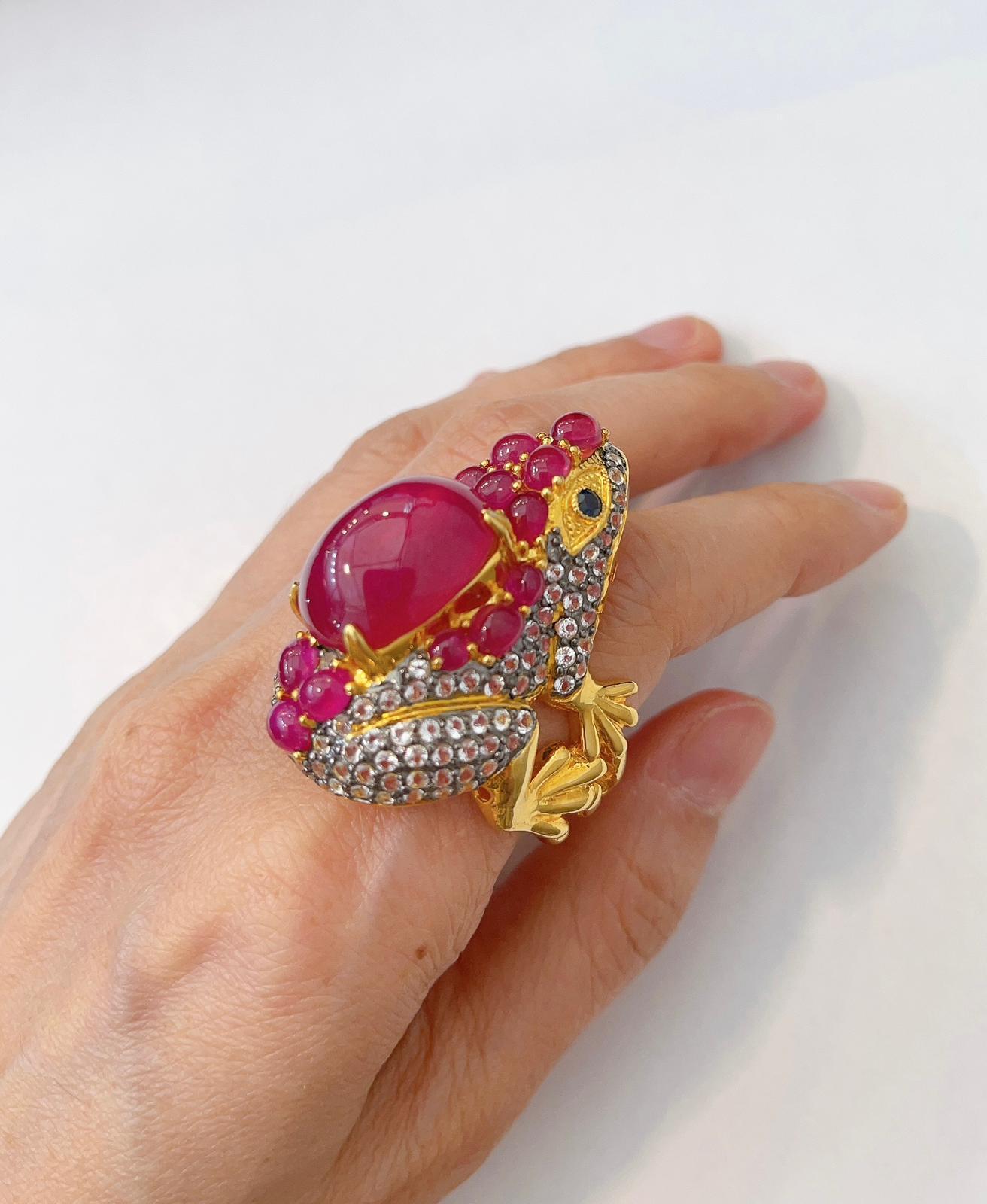 “Orient” Red Ruby & White Topaz Cocktail Ring Set in 22k Gold & Silver For Sale 7