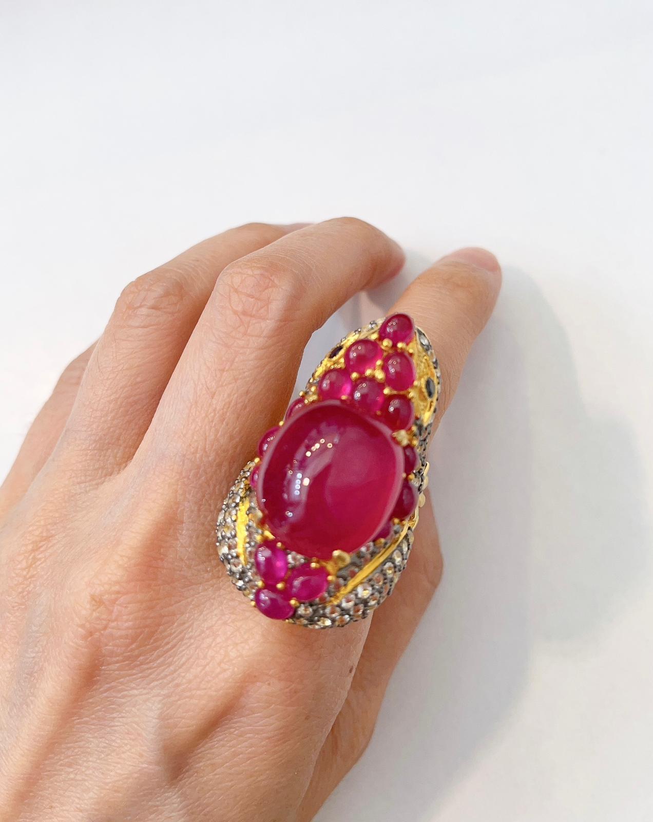 “Orient” Red Ruby & White Topaz Cocktail Ring Set in 22k Gold & Silver For Sale 8