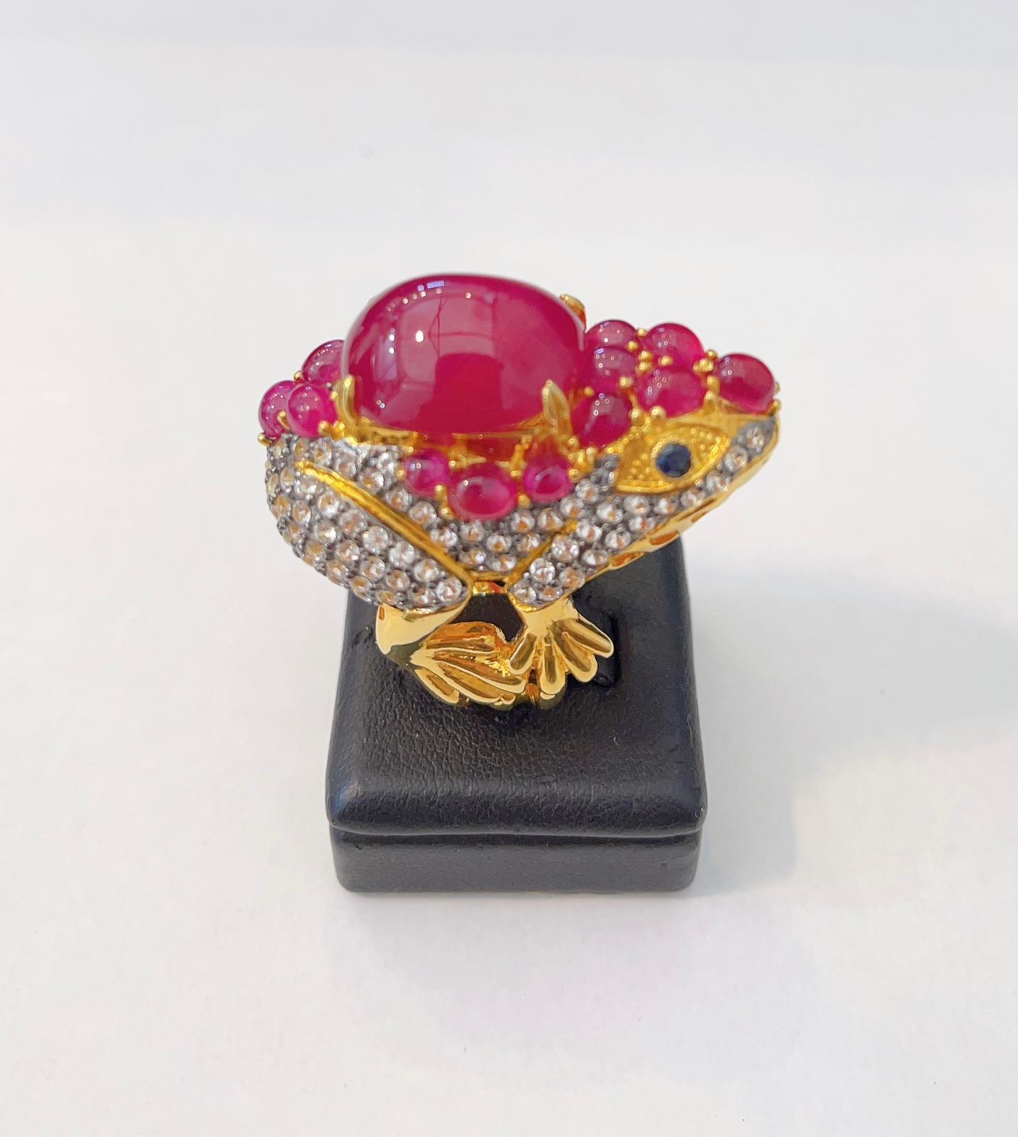 “Orient” Red Ruby & White Topaz Cocktail Ring Set in 22k Gold & Silver For Sale 9