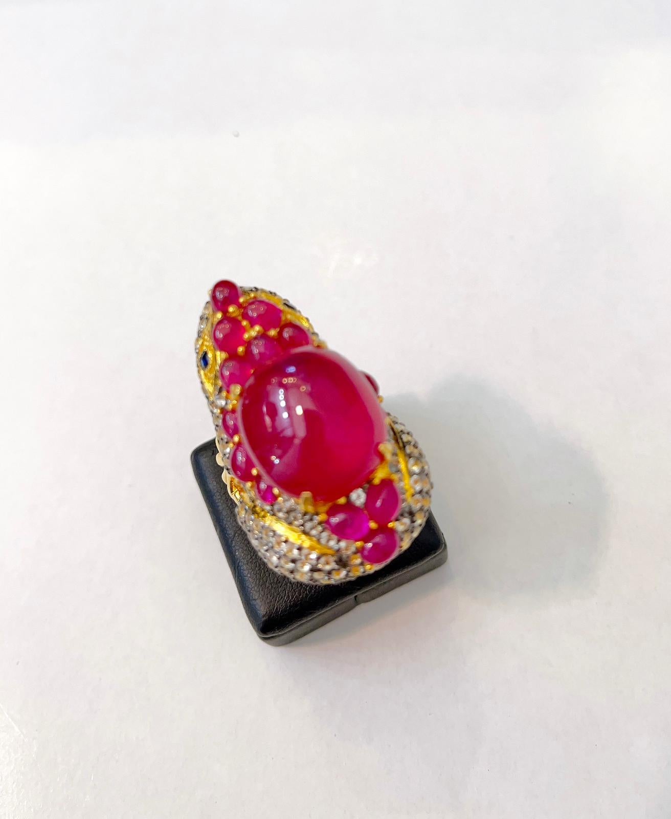 “Orient” Red Ruby & White Topaz Cocktail Ring Set in 22k Gold & Silver For Sale 11