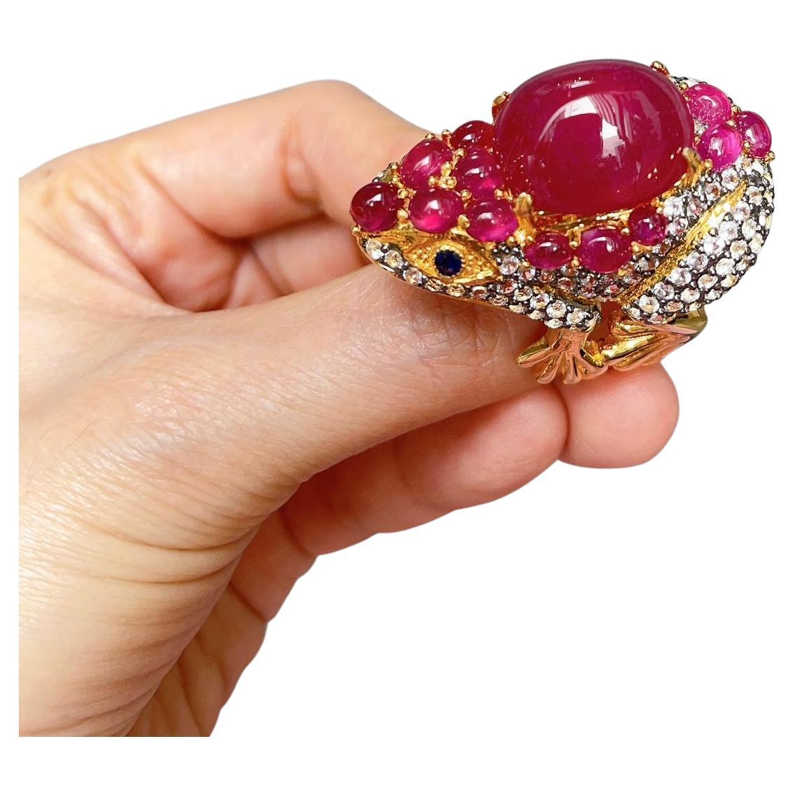 Bochic “Orient” Red Ruby & White Topaz Cocktail Ring Set In 22K Gold & Silver 
Multi natural gem Ring 
One of a kind 
Beautiful Natural Red center Cabochon  - 19 carats
Surrounded by beautiful Red Ruby Natural bubble shape Rubies - 5 carats 
Natural