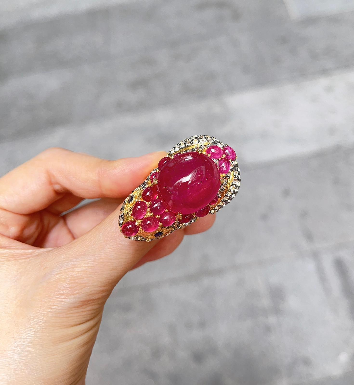 Baroque “Orient” Red Ruby & White Topaz Cocktail Ring Set in 22k Gold & Silver For Sale